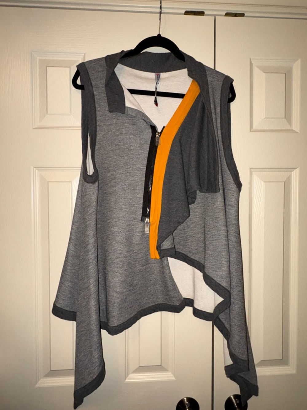 Asymmetric Gray Sleeveless Vest with Yellow Trim